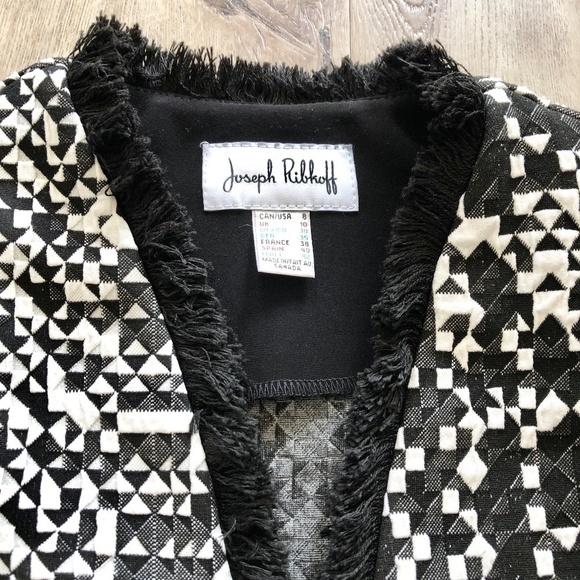 Joseph Ribkoff, Blazer, Black And White, With Black Fringe Trim, Size 8 - Picture 8 of 15